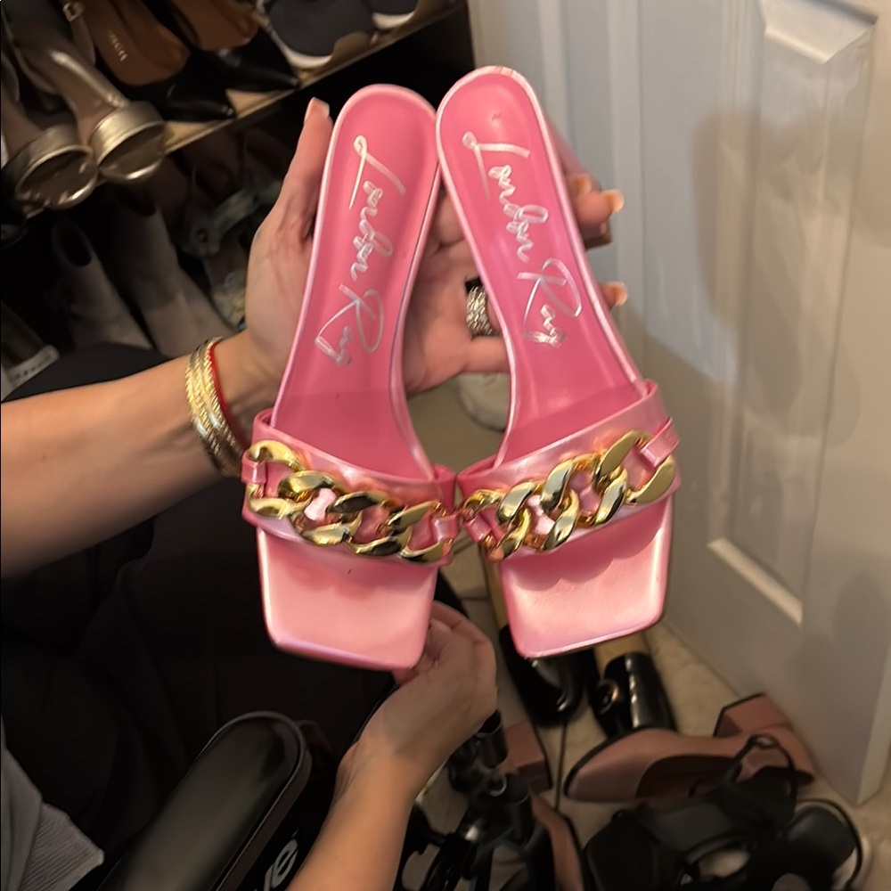 Loeffler Randall Pink Gold Chain Sandals